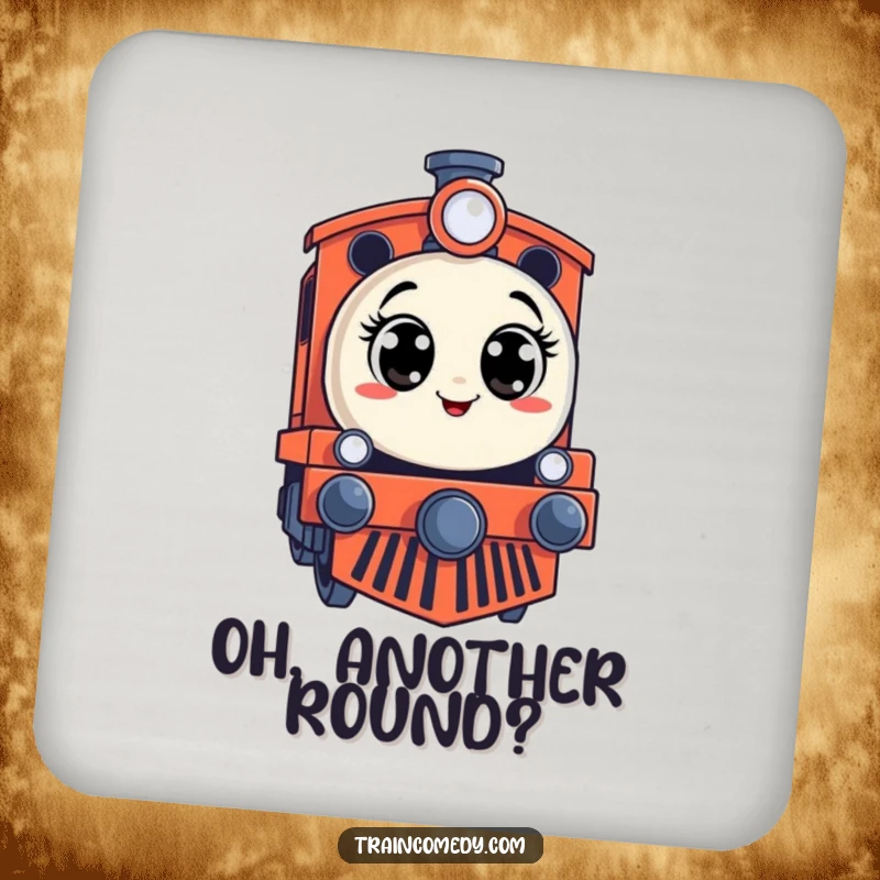 Funny drink coaster set depicting a stylized train engine with a surprised expression and wide eyes, adding whimsical humor.