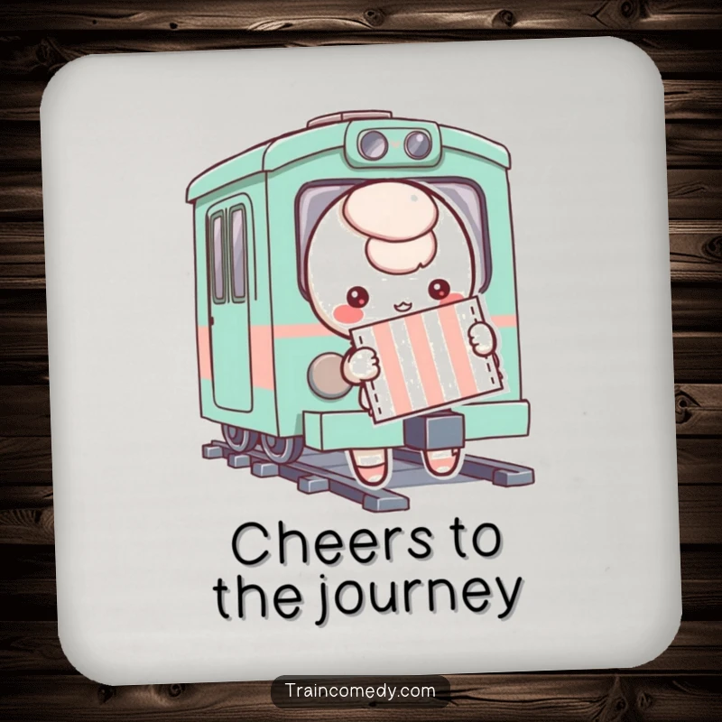 Funny character holding a striped ticket, about to board a whimsical train, on a decorative and protective drink coaster.