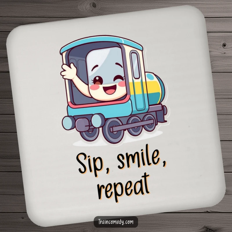 Funny train drink coaster with a smiling locomotive waving from its window, a humorous and protective accessory for tabletops.