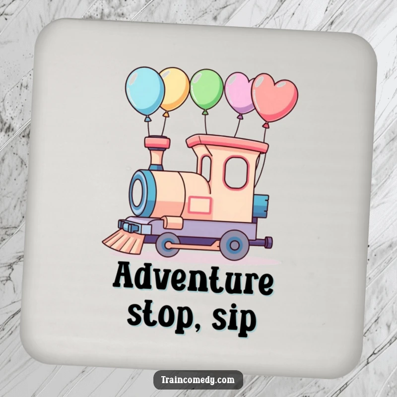 Funny drink coaster with a whimsical train and balloons, perfect for adventure-themed tables.