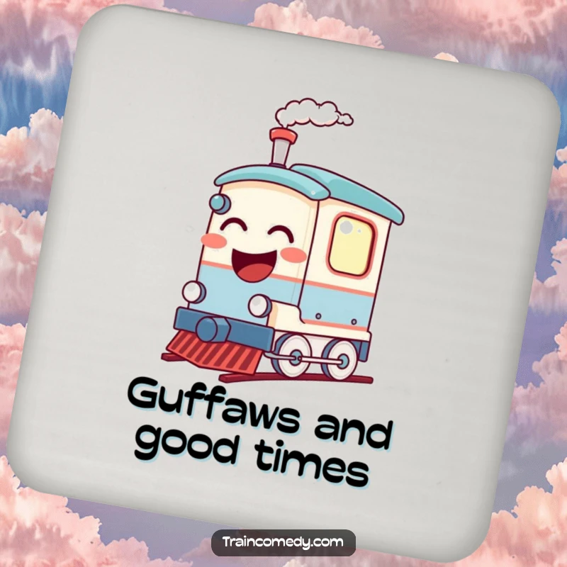 Funny drink coasters featuring a comical train car laughing heartily, its steam whistle puffing. Protects surfaces with humor.