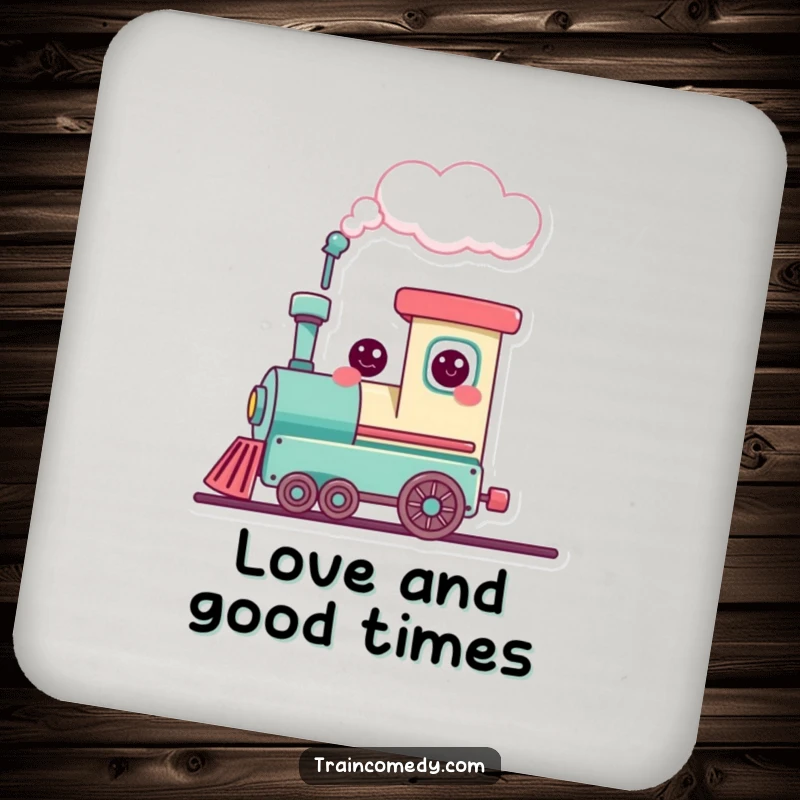 Funny cute train character puffing a heart-shaped cloud, adding love and charm to protect surfaces, a cute coaster.