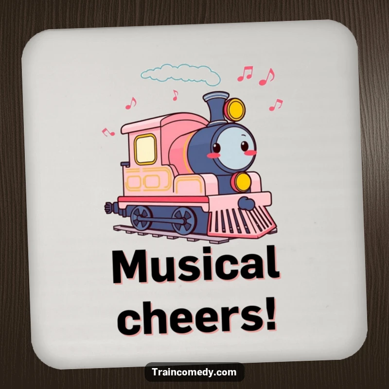 Funny drink coaster with a cheerful train engine tooting, leaving a trail of musical notes.