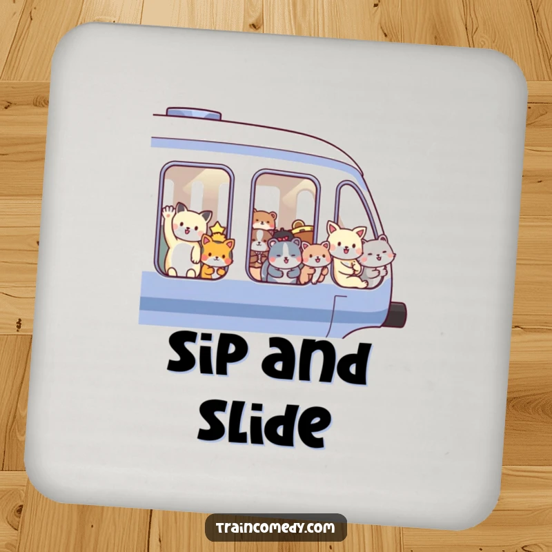 Funny drink coasters with a train carrying happy waving animals, designed to protect surfaces with humor and charm. A delightful accessory for any table.
