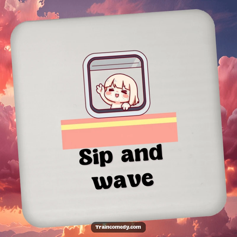 Funny drink coaster depicting a cute character comically waving from inside a stylized train window.