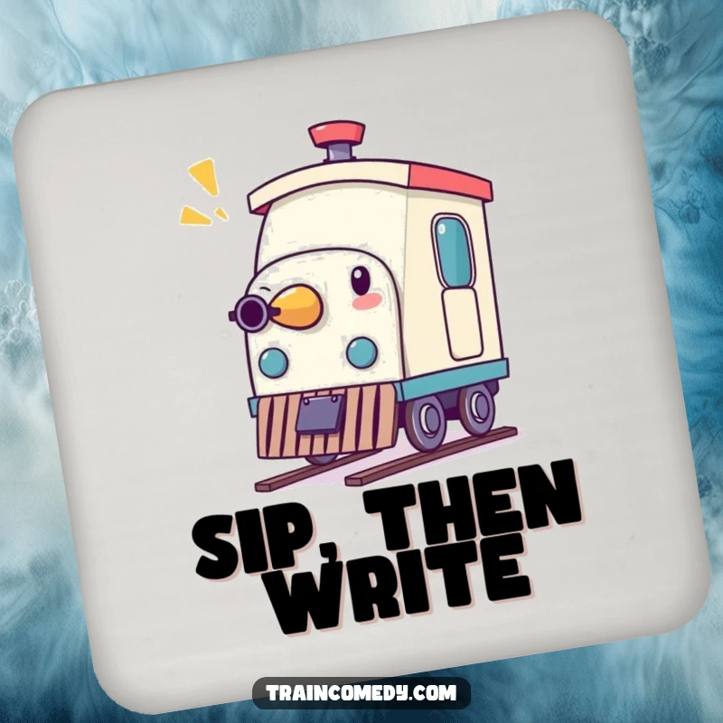 Funny drink coaster featuring a whimsical pencil character comically playing the role of a train whistle, protecting surfaces humorously.