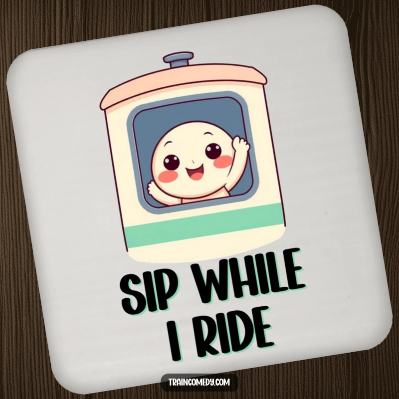 Funny character waving from a train window on a decorative and protective drink coaster, adding a cheerful touch to any table.