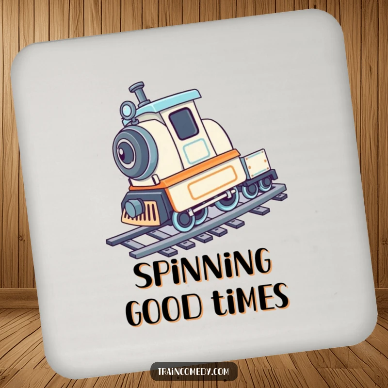Playful train character doing a cartwheel on train tracks, depicted on fun drink coasters.