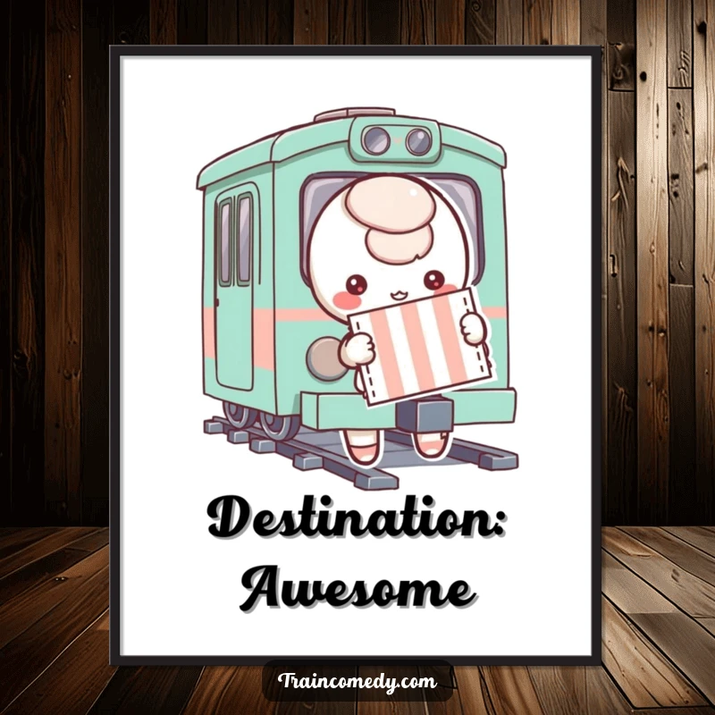 A playful character holding a striped ticket, poised to board a whimsical train, presented as a vibrant and funny poster.