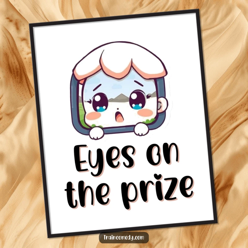 Funny poster art of a surprised character with wide eyes captivated by a beautiful, passing landscape viewed from a train.