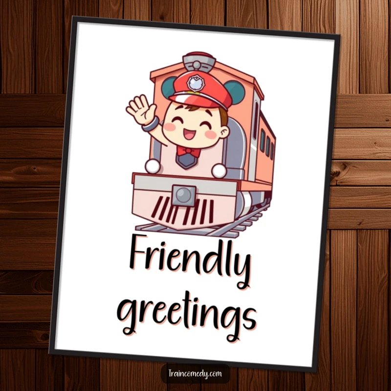 Funny poster of a cheerful train conductor character waving enthusiastically from the front of a train engine, bringing a smile to any room.