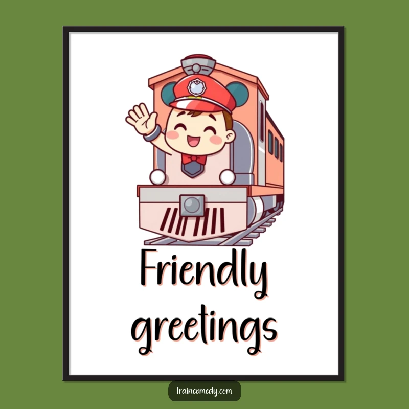 Funny Cheerful Conductor Poster: Waving Hello with Train Engine Charm, a Hilarious Gift!