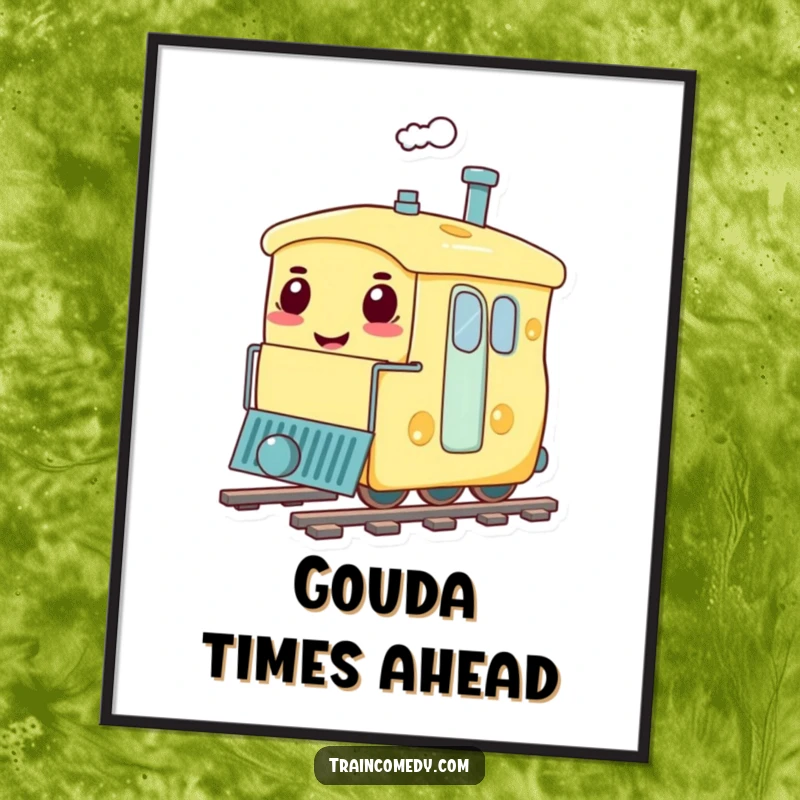 Funny poster of a train carriage shaped like a giant, smiling cheese, cheerfully chugging along, bringing delicious humor.