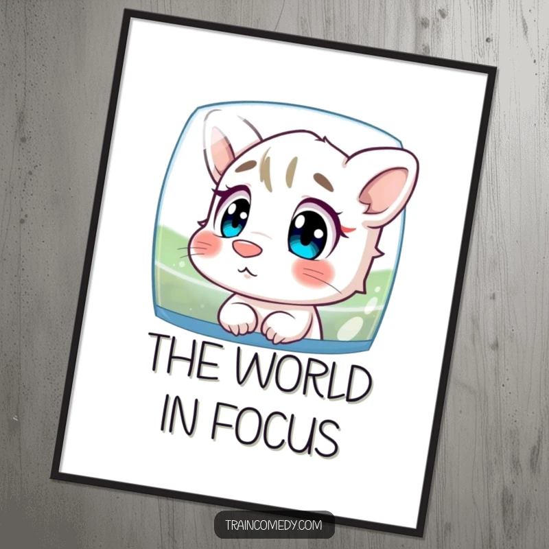 Funny poster art of a character pressing its nose against glass, observing the scenery with intense curiosity and wonder, ideal for decor.