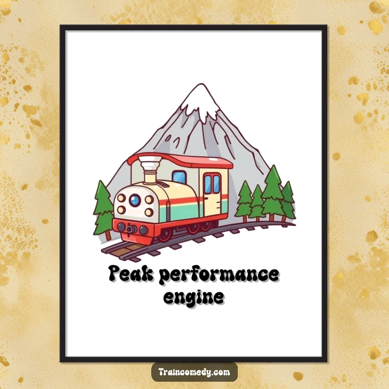 Funny kawaii train artistically peeking from behind a grand mountain, creating a captivating and humorous wall art piece for any room.
