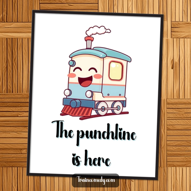 Funny poster print of a comical train car burst into laughter, steam billowing from its whistle. Whimsical and humorous wall decor.