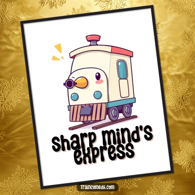 Funny poster of a whimsical pencil character comically imitating a train whistle, bringing creative and humorous vibes.