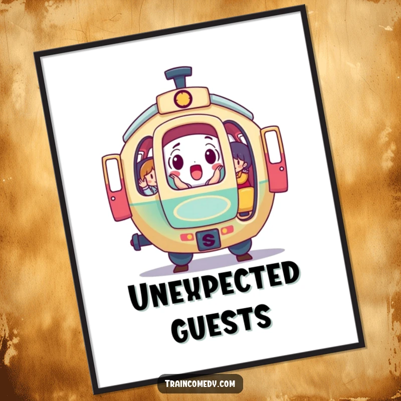Funny poster print of a surprised, round train car character with open doors revealing colorful passengers, adding humor to any wall.