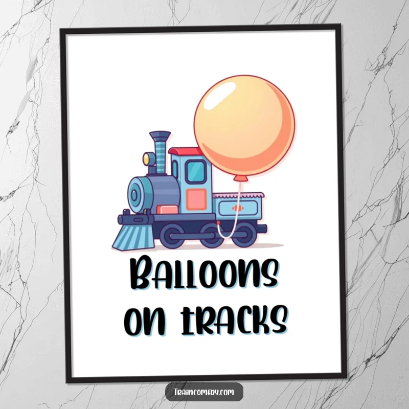 Funny train engine character with a large, bouncing balloon tied to its front, presented as wall art.