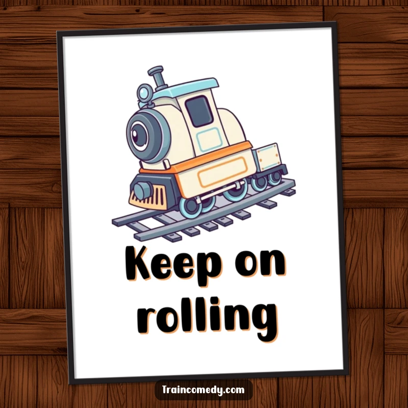 Playful train character performing a cartwheel on train tracks, presented as a dynamic poster.