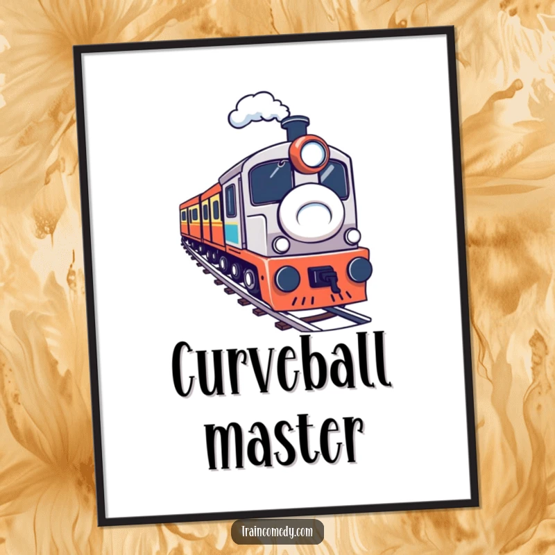 A determined train navigating a sharp curve, creating a striking and humorous piece of wall art. Perfect funny gift.