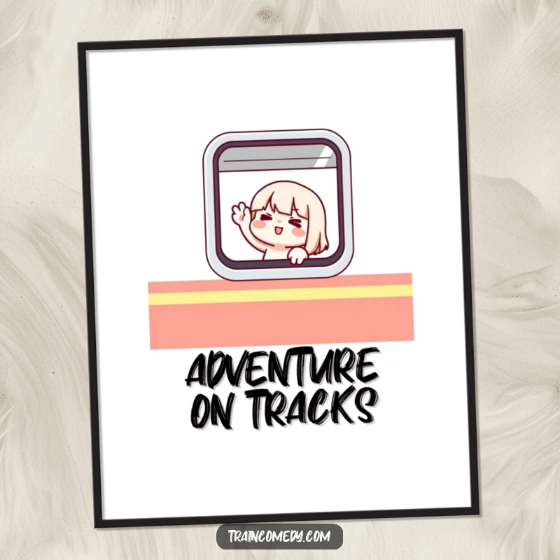 Funny poster art of a cute character comically waving from inside a stylized train window, conveying excitement.