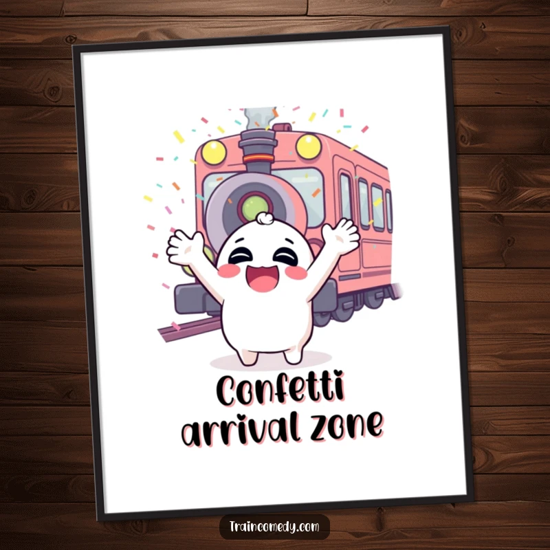 Funny poster print of a character giggling with arms up, confetti raining down from a train whistle, a vibrant depiction of excitement.