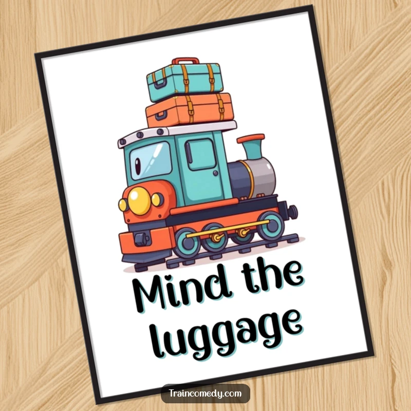 Funny poster print of a playful train character humorously balancing a stack of tiny suitcases on its roof, perfect for travel-themed decor.