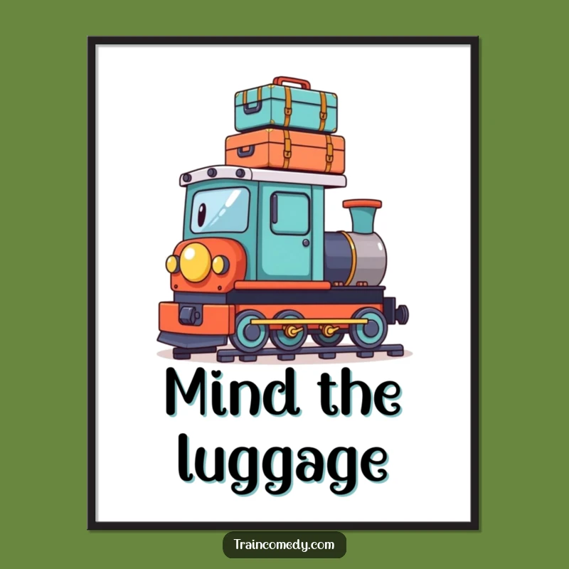 Funny Playful Train Suitcase Poster: Whimsical Art for Travelers, a Hilarious Gift!