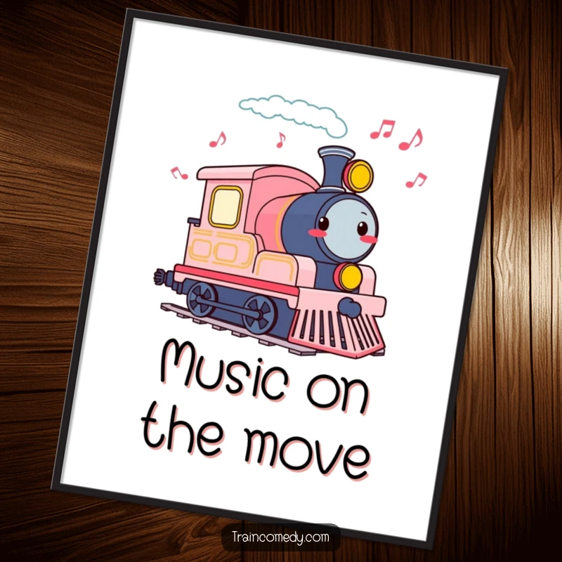 Funny poster of a train engine cheerfully tooting, emitting a beautiful trail of musical notes.