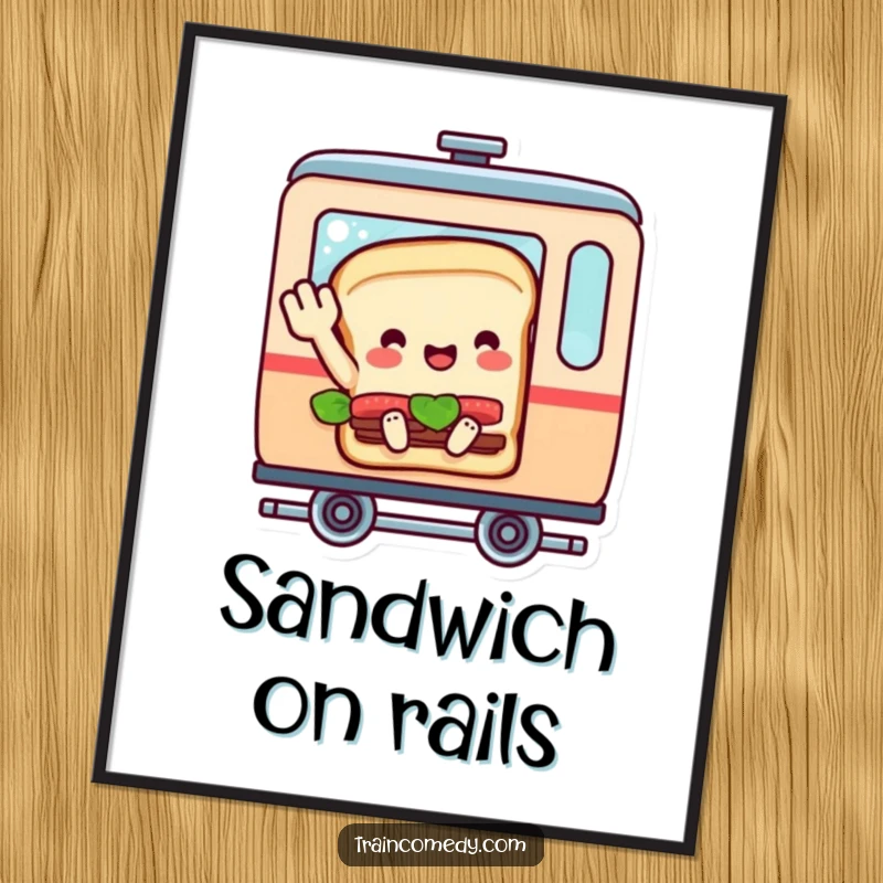 Funny poster of a sandwich character in a train car, waving goodbye with infectious cheer, creating a humorous and inviting atmosphere.