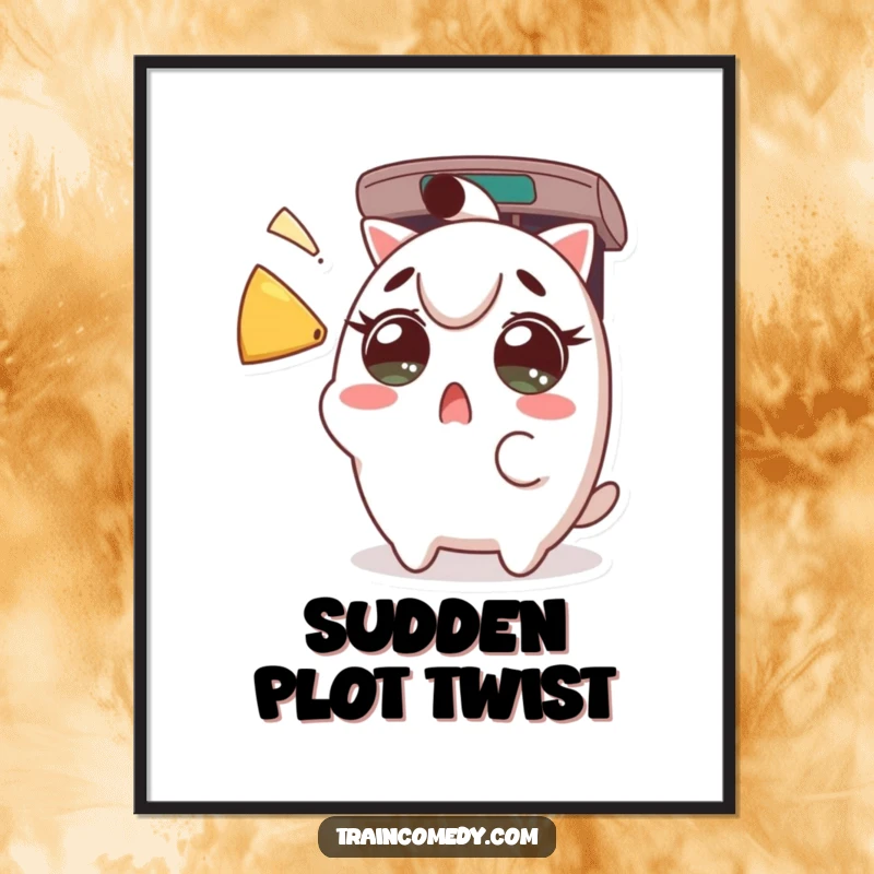 Funny Poster: Wide-eyed Kawaii character startled by a train horn, capturing a humorous shock, a unique funny gift.