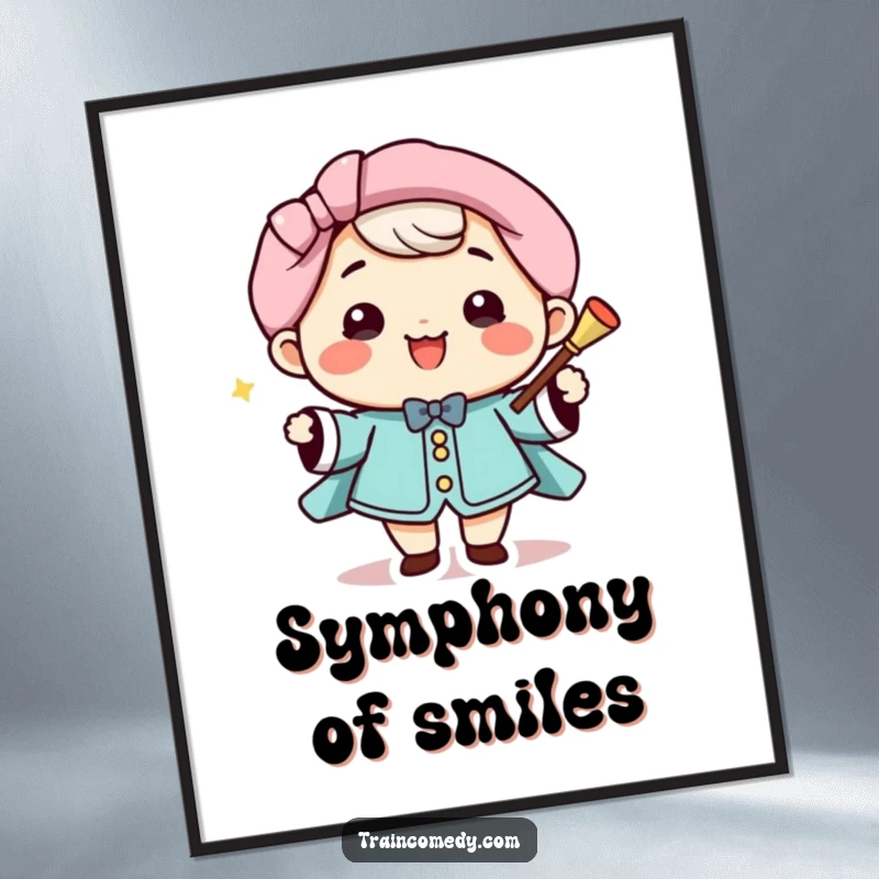 Funny Poster: Delighted Kawaii conductor with baton, beaming smile, directing with joy, a vibrant funny gift.