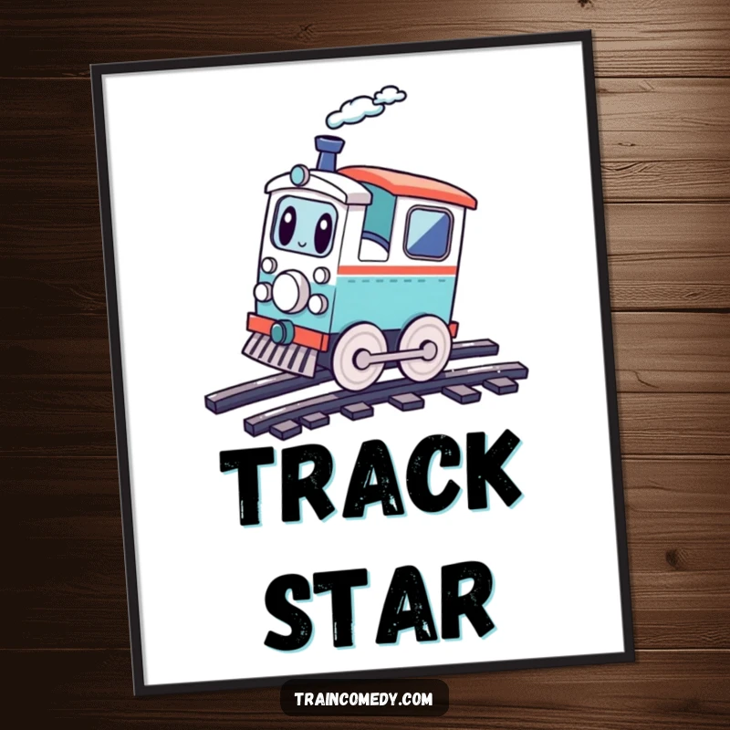 Funny playful train character performing a cartwheel on train tracks, embodying pure fun and energy, a dynamic and humorous poster.