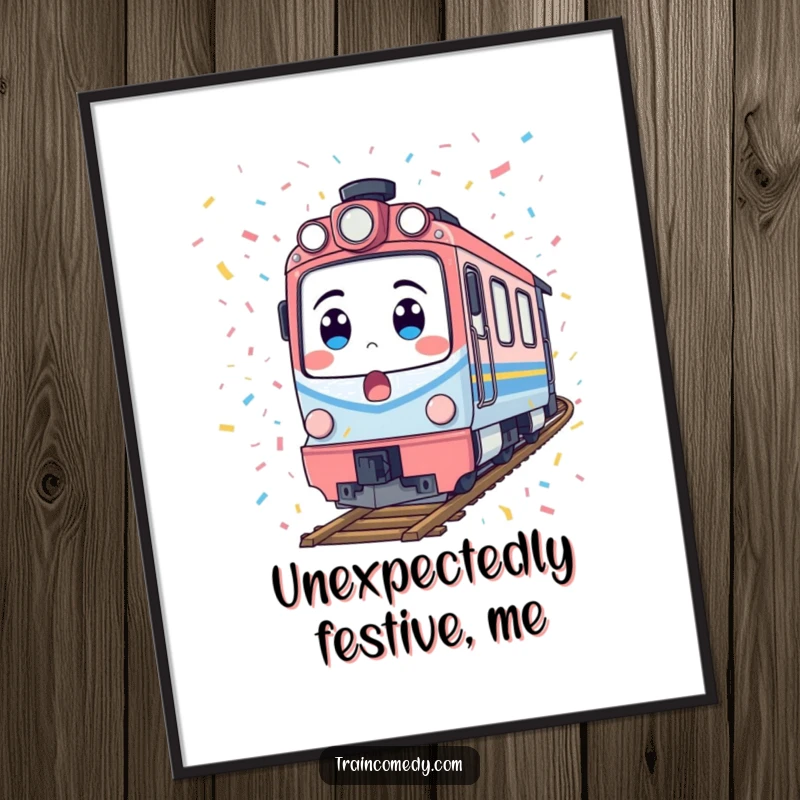 Funny train poster featuring a surprised locomotive showered in confetti, a humorous and festive piece of wall art.