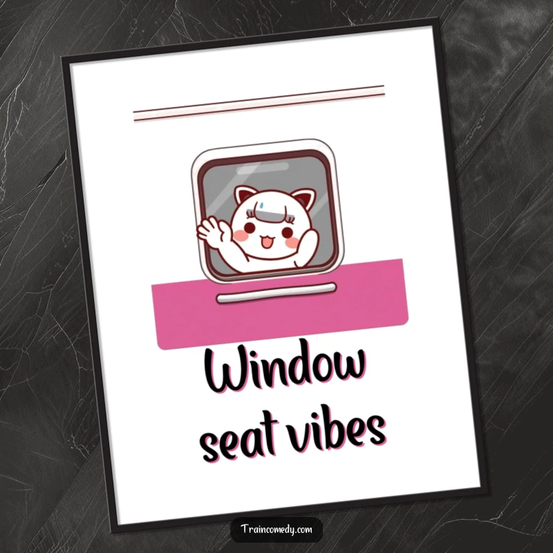 Funny Poster: Adorable Kawaii character waves from a train window, bringing warmth and whimsy to any space, a funny gift.