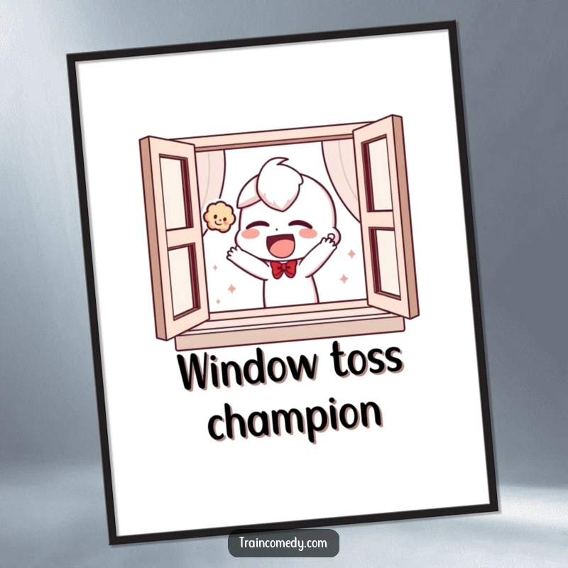 Funny poster art of a giggling character playfully tossing a small plush toy out of a window, adding whimsical decor.