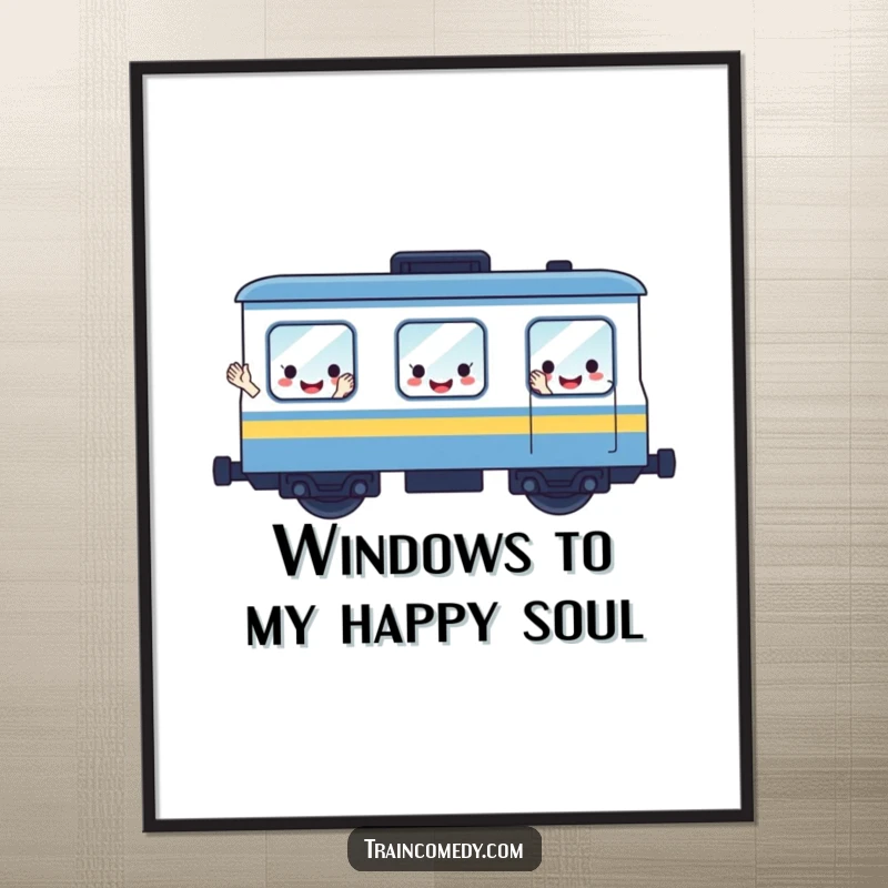 Funny poster featuring a vibrant illustration of a cheerful train car with windows shaped like happy, waving faces, bringing joy.