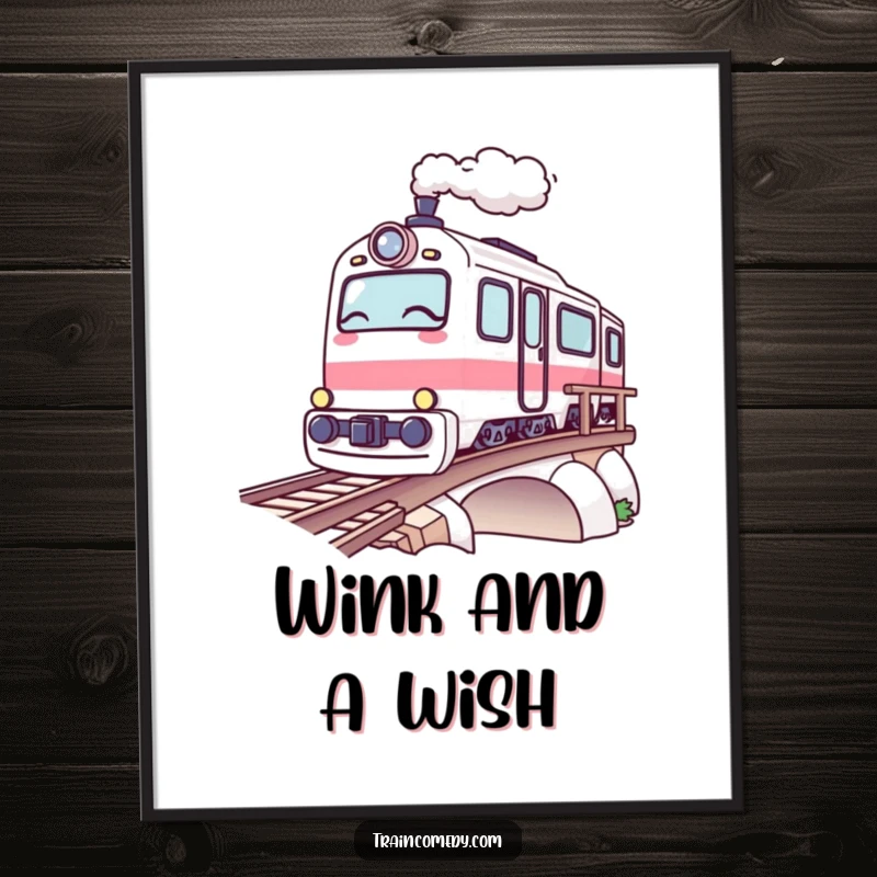 Funny Kawaii Train Poster: A kawaii train winks playfully as it crosses a bridge, creating a charming scene.