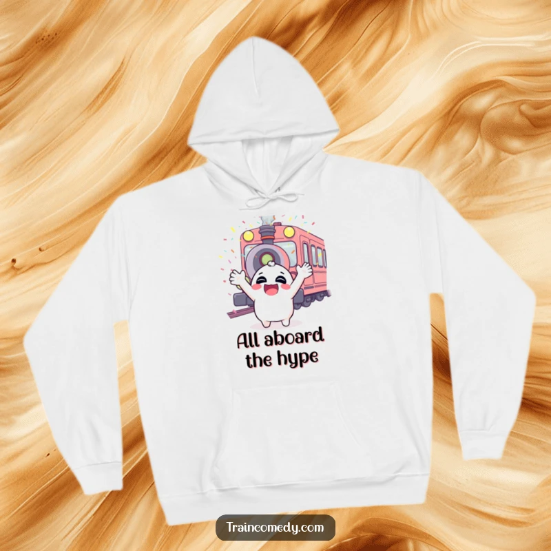 Funny hoodie with a happy character raising arms amidst confetti, a train whistle blowing merrily, embodying pure celebratory joy.