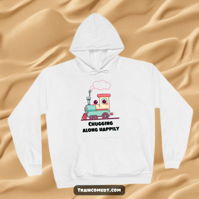 Funny cute train character exhaling a heart-shaped cloud, radiating warmth and affection, perfect for a cozy hoodie.