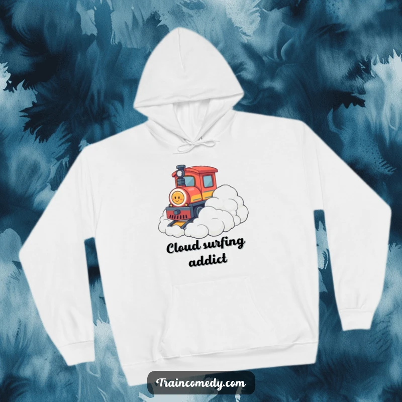 Funny hoodie depicting a train character playfully interacting with soft, fluffy clouds, offering cozy comfort and a whimsical design for all ages.
