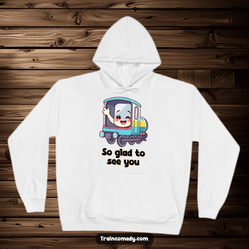 Funny train hoodie with a smiling, friendly locomotive waving from its open window, offering humorous warmth and comfort for screen readers.