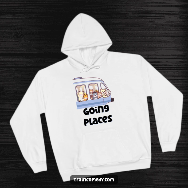 Funny hoodie showing cute animals waving joyfully from moving train windows, offering warmth and humor. A delightful piece for those who love trains and animals.
