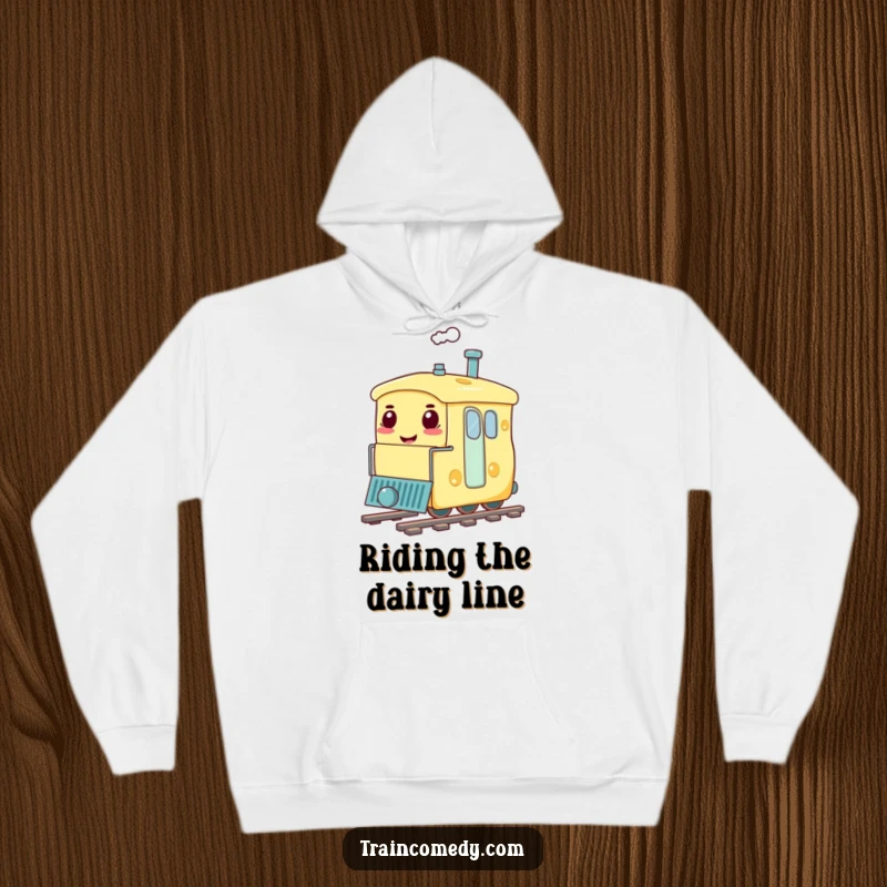 Funny hoodie depicting a train carriage as a giant, smiling cheese, chugging along with delightful, humorous charm.