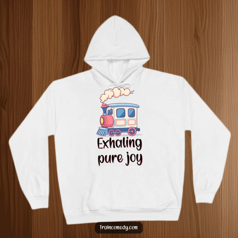 Funny train hoodie, cheerful train car creating rings of colorful smoke, signifying fun and continuous movement.