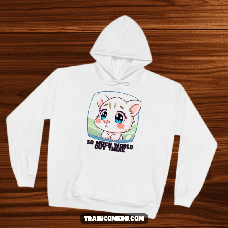Funny hoodie featuring a character with its nose smudged against window glass, intently watching the scenery, perfect for cozy, contemplative moments.