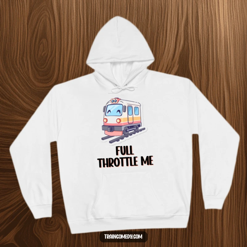 Funny train hoodie, character leaning into a sharp tilt, symbolizing rapid acceleration and unstoppable momentum.