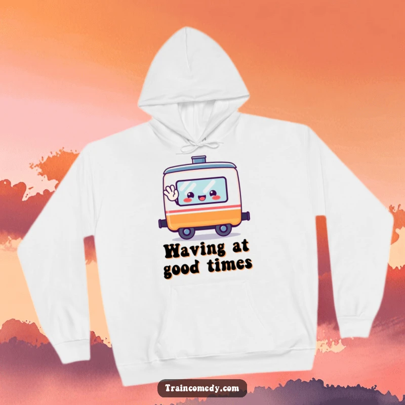 Funny kawaii train car character waving happily from its window, printed on a comfortable hoodie.
