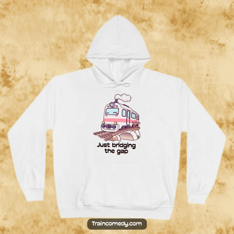 Funny Kawaii Train Hoodie: A kawaii train winks playfully as it goes over a bridge, offering cozy humor.
